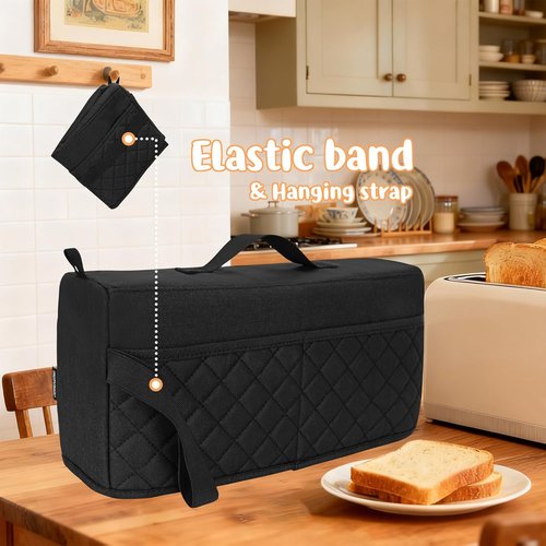 Bella Cute Slim Toaster Dust Cover - Quilted Black with Pockets & Elastic Band for 2-Slice Toaster