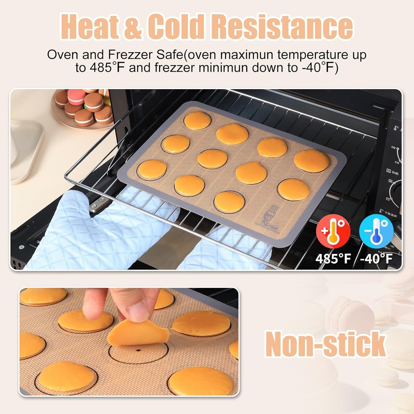 Silicone Baking Mat Macaron - Non-Stick Set of 3 Half & Quarter Sheet Liners | 16.5x11.6, Grey