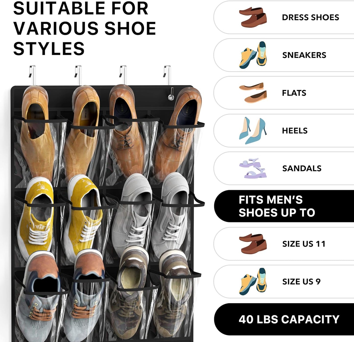 Simple Houseware Over The Door Shoe Organizer - 24 Large Clear Pockets, Black (56" x 22.5")