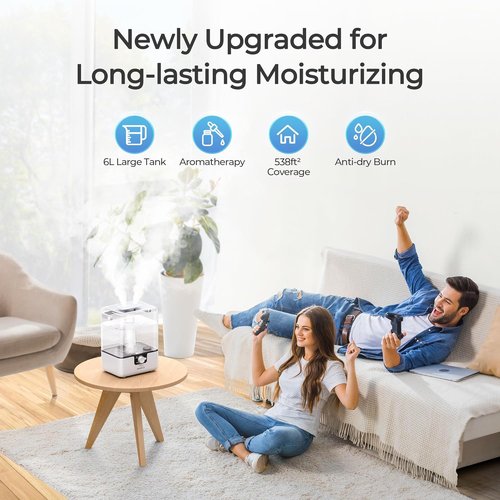 CHIVALZ 6L Cool Mist Humidifier - Ultra Quiet 26dB | 50-Hour Runtime for Large Rooms & Nurseries - White