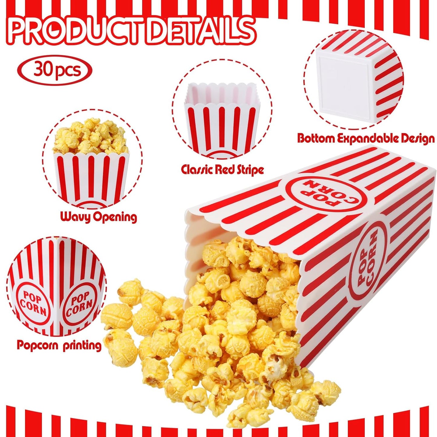Yuxung 30 Pack Plastic Popcorn Boxes - Classic Red and White Striped Buckets for Movie Night | 7.7 x 3.9 x 2.4 Inch