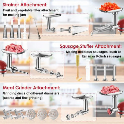 Fruit & Vegetable Strainer Attachment and Food Meat Grinder Attachment for Kitchenaid Stand Mixer with Sausage Stuffer Tubes and Fruits Juicer Auger Strainer