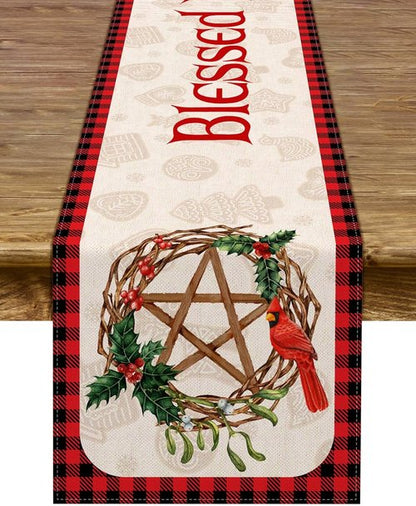 Blessed Yule Table Runner - Buffalo Plaid Check Design for Winter Solstice | 13" x 72" Home Decor