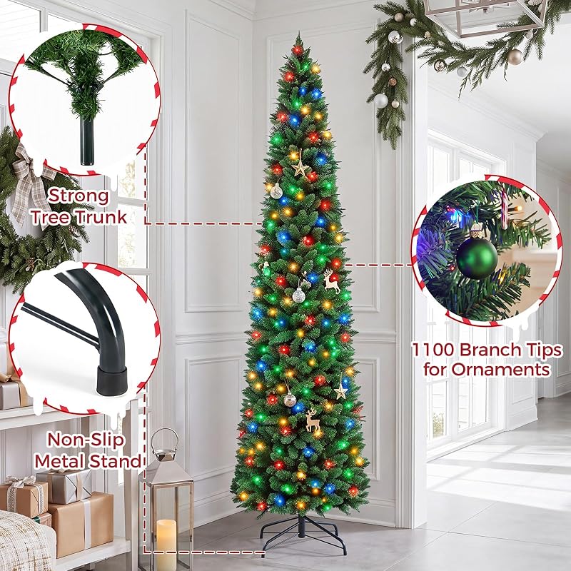 NEWBULIG 9 ft Pencil Christmas Tree - Green with Multicolor LED Lights, 1100 Tips, 8 Modes, Slim Pre-Lit