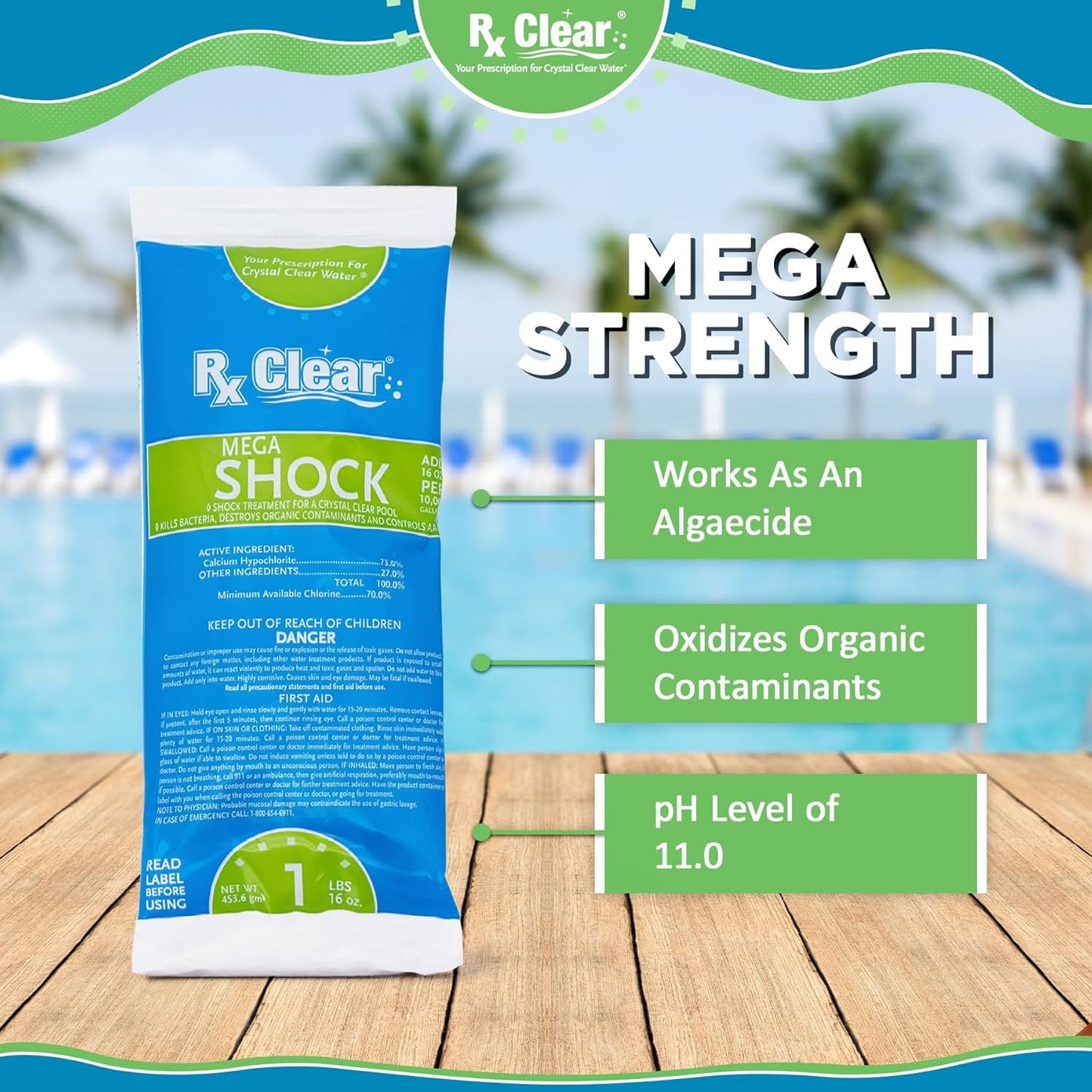 Rx Clear Mega Shock - 73% Calcium Hypochlorite Pool Sanitizer | Kills Algae & Clarifies Water | 1 lb Bag