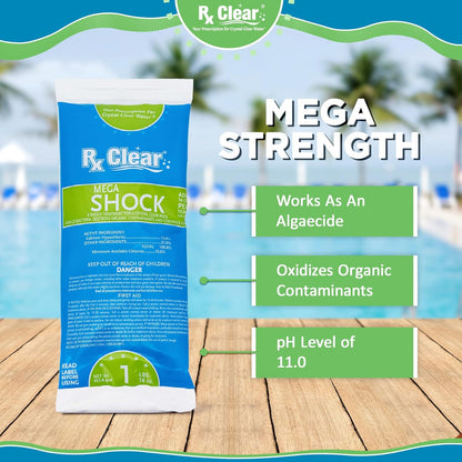 Rx Clear Mega Shock - 73% Calcium Hypochlorite Pool Sanitizer | Kills Algae & Clarifies Water | 1 lb Bag