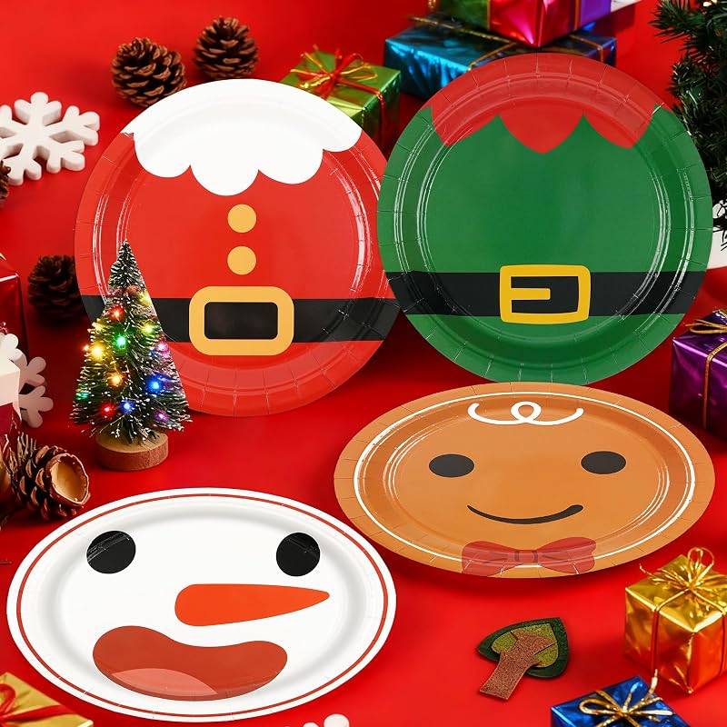 48-Pack 9inch Disposable Christmas Plates - Red & Green Santa Theme, 4 Styles