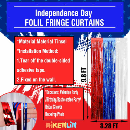 Regine Switzerland Foil Fringe Curtain Backdrop - 4 Pack Red, Blue & White Tinsel Streamers | 3.2Ft x 9.8Ft for Parties & Events
