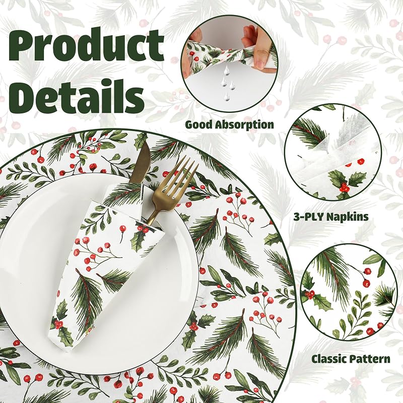 50 Count Christmas Berry Napkins 3-Ply Paper Party Guest Hand Towels 7.9 x 4.3 in Folded
