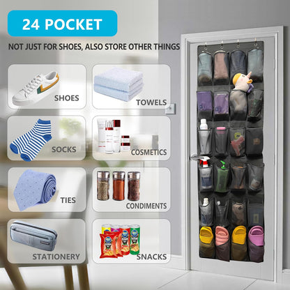 SimpleHouseware Over The Door Shoe Organizer - 24 Large Breathable Mesh Pockets | Sturdy Hanging Storage (Black)