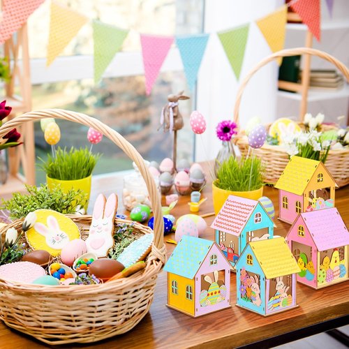 Jenaai Easter Wooden House Craft Set - 24 DIY 3D Bunny Village Decorations for Spring Celebrations