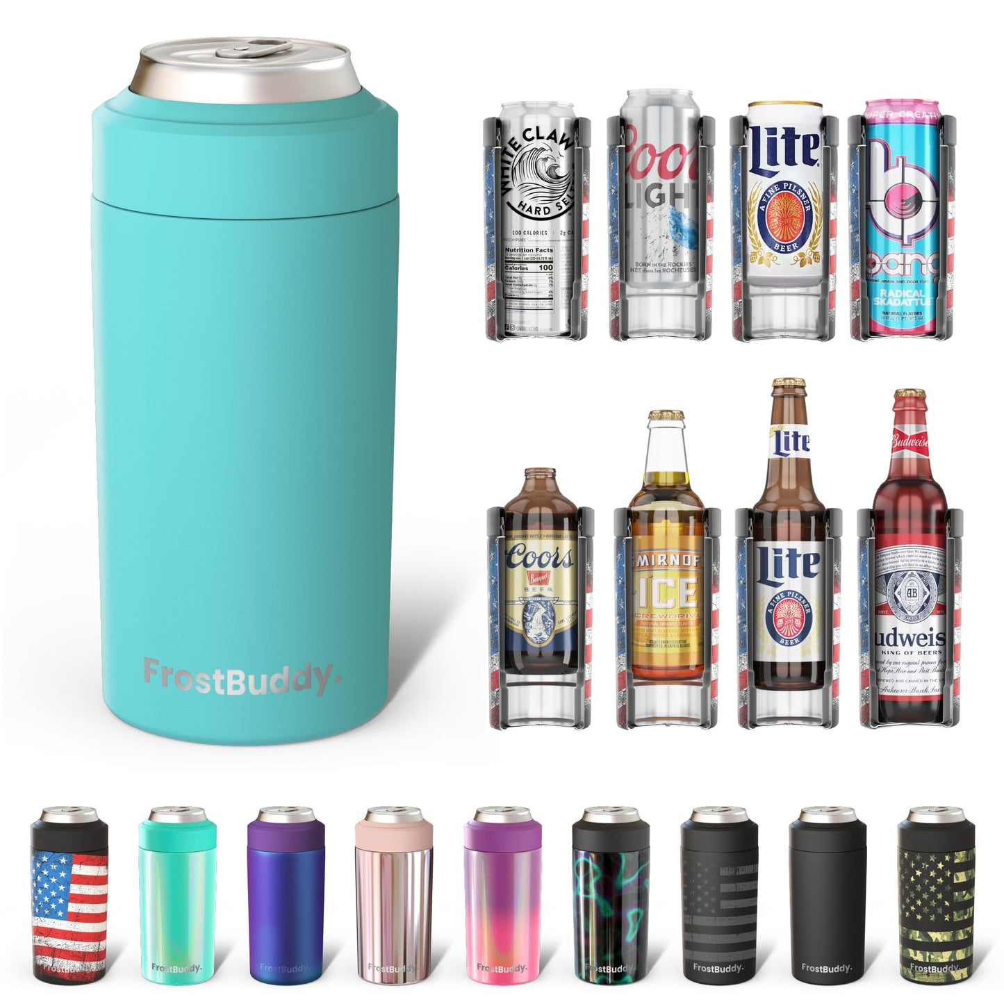 Frost Buddy Universal Can Cooler - Fits all - Stainless Steel Can Cooler for 12 oz & 16 oz Regular or Slim Cans & Bottles - Stainless Steel