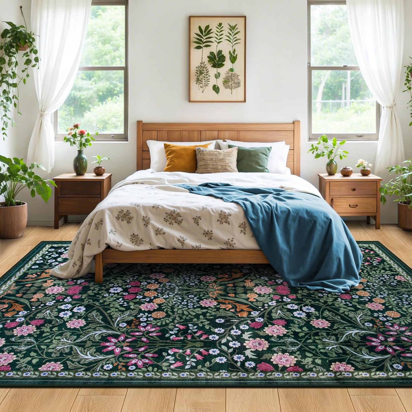 Skiennix 6x9 Area Rug - Vintage Floral Design | Washable, Soft, Non-Slip, Stain Resistant - Dark Green