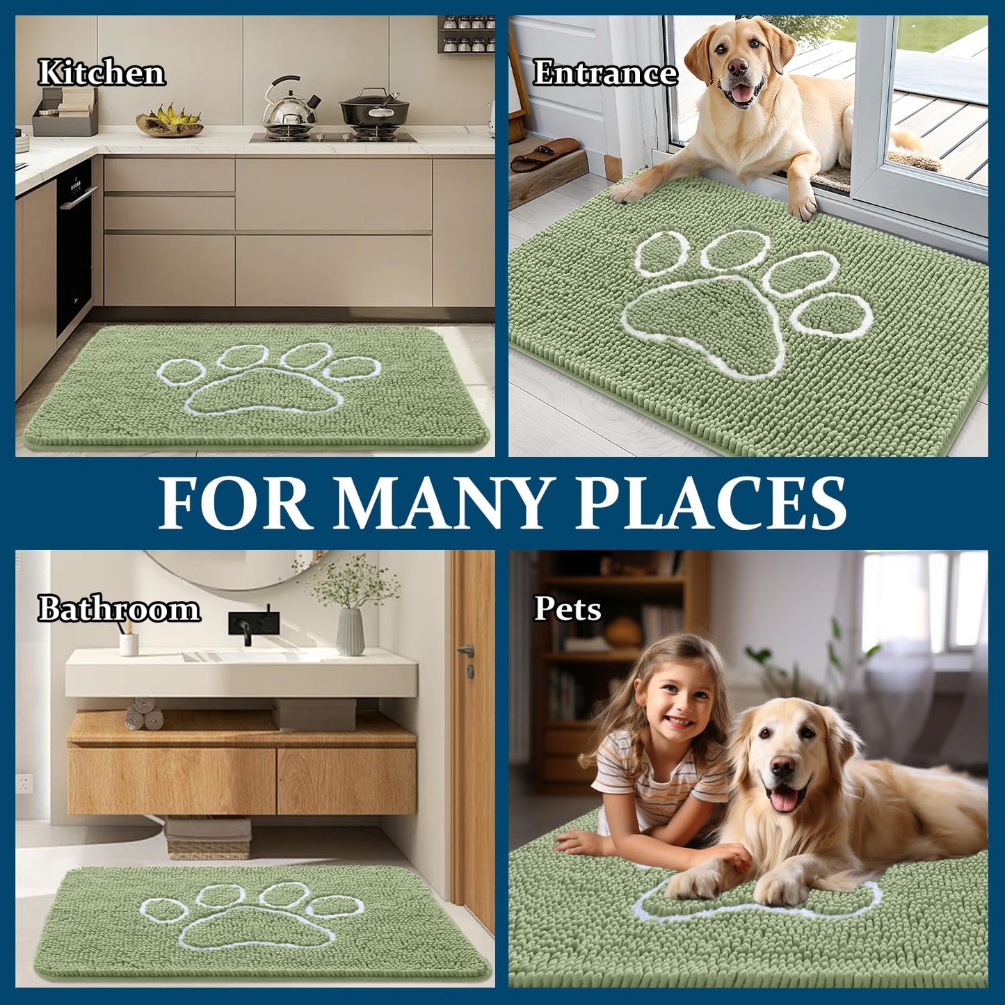 OLANLY Dog Door Mat for Muddy Paws 70x46, Paw Print Design, Absorbs Moisture and Dirt, Non-Slip Washable Doormat, Quick Dry Chenille Mud Mat for Dogs, Entry Indoor Entryway Carpet, Sage Green