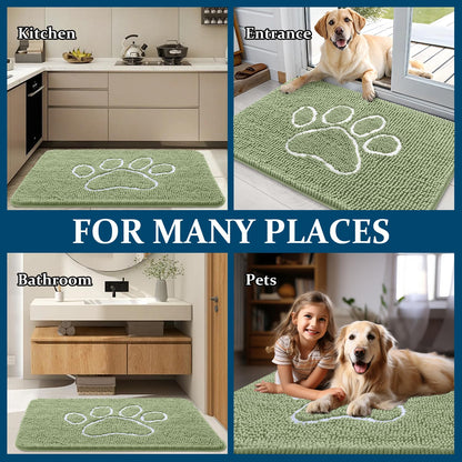 OLANLY Dog Door Mat for Muddy Paws 59x24, Paw Print Design, Absorbs Moisture and Dirt, Non-Slip Washable Doormat, Quick Dry Chenille Mud Mat for Dogs, Entry Indoor Entryway Carpet, Sage Green