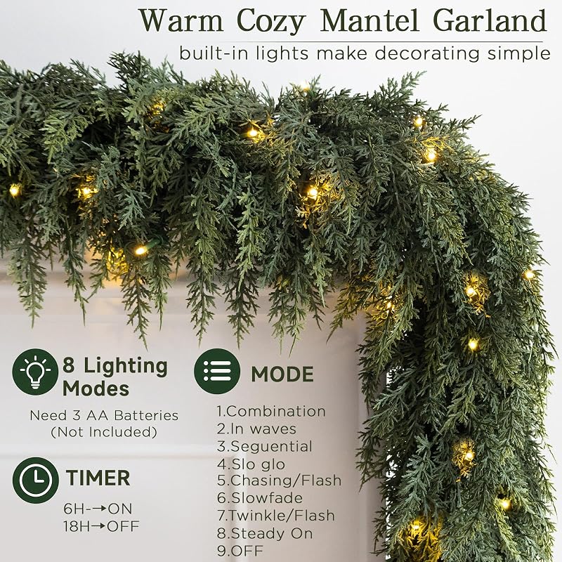 9FT Pre-lit Cedar Garland with Lights - Green + 1 + 9FT