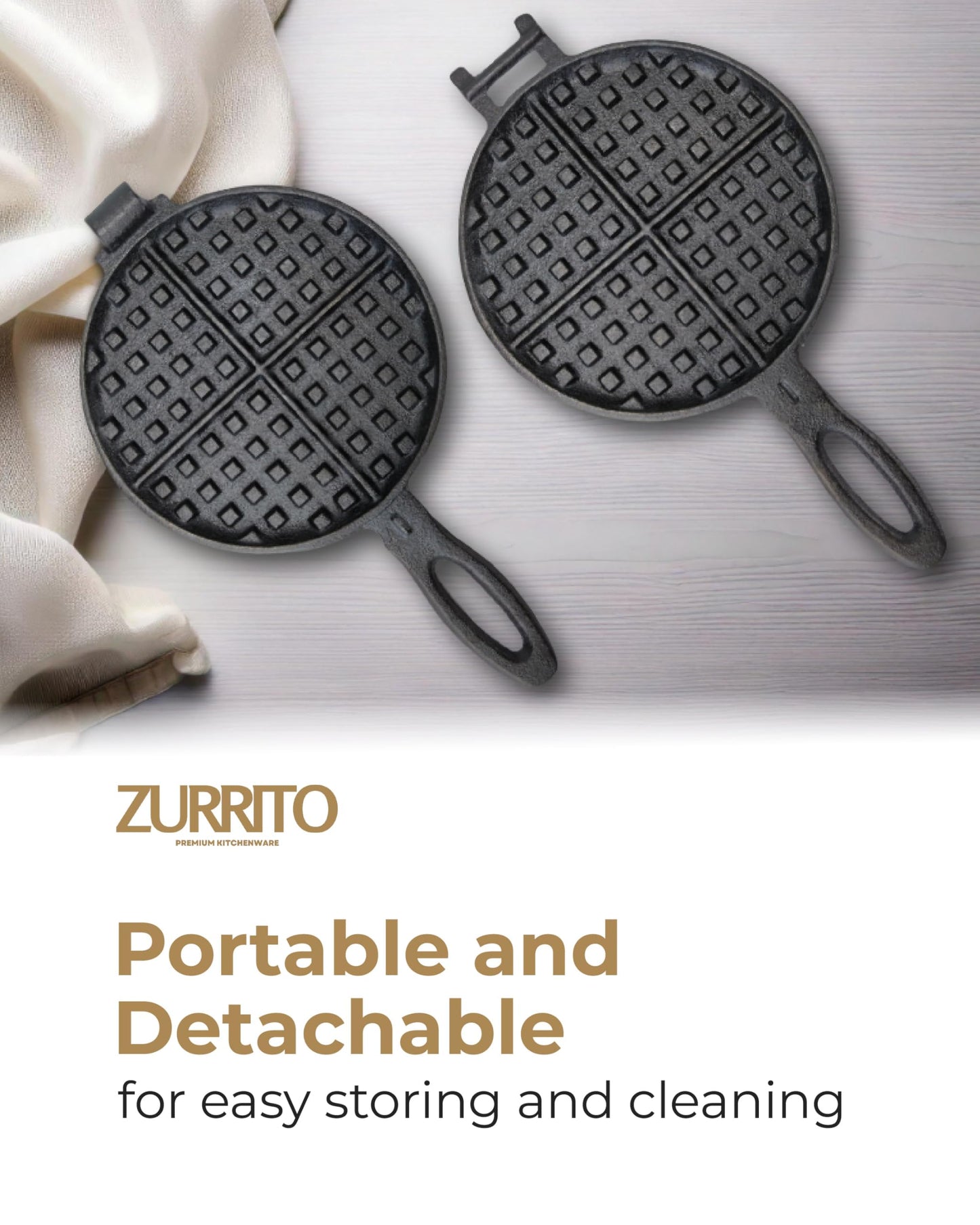 ZURRITO Cast Iron Waffle Maker 7 inch Round Waffles Bundle Set, Stove Top Waffle Maker, Cast Iron Waffle Pan for Camping Grill or Stovetop, Camping Waffle Maker, 4.4 pounds