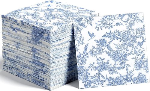Janlaugh 120 Pcs Disposable Blue and White Floral Linen Feel Napkins | Perfect for Weddings & Parties