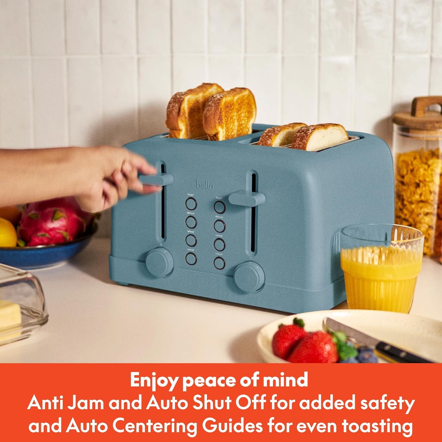 Bella 4-Slice Toaster - 6 Shade Settings with Reheat & Cancel Buttons | Removable Crumb Tray, 900W, Surf Color