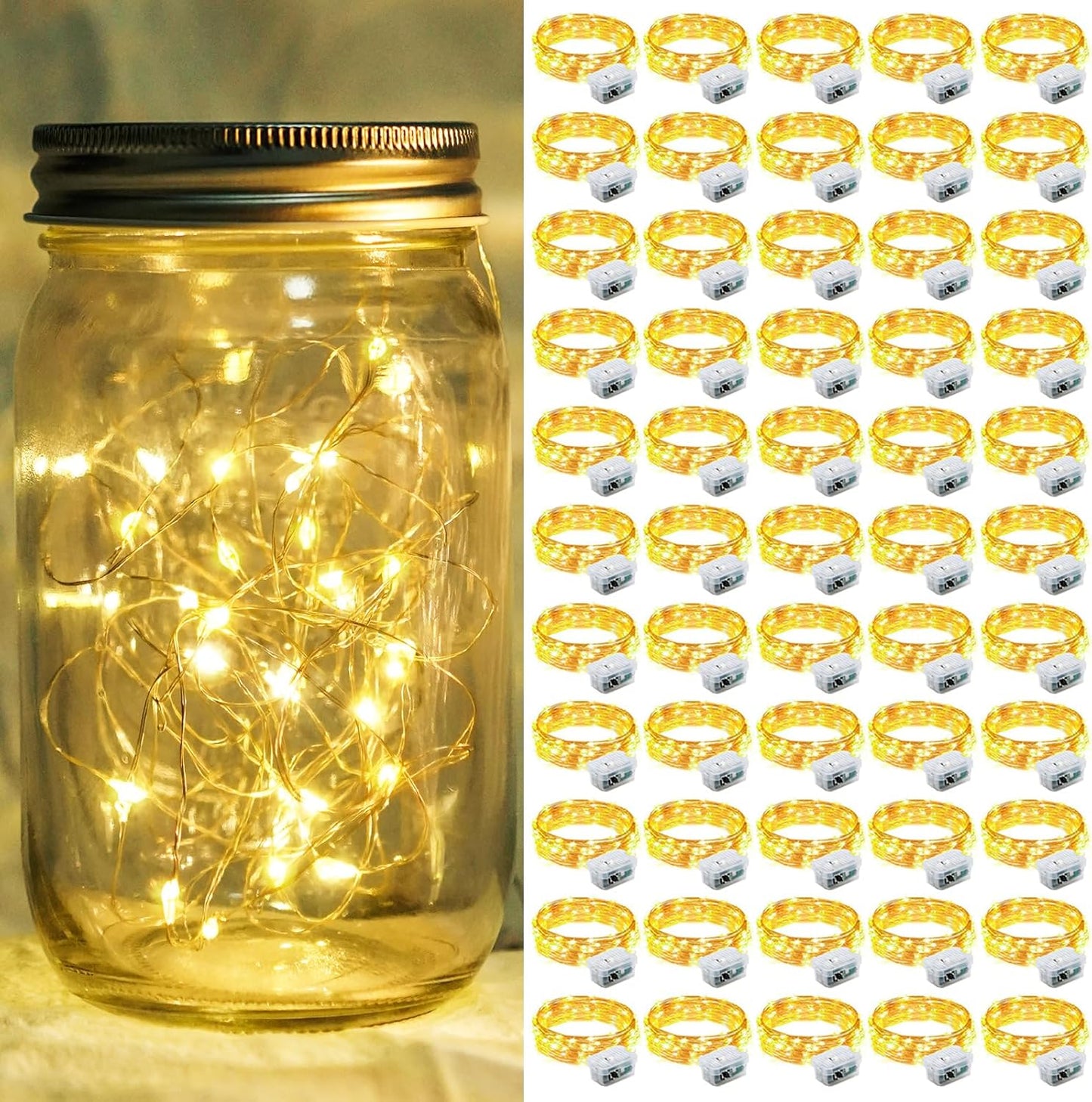 Skiennix 50-Pack Fairy Lights - 7Ft 20 LED Twinkle String Lights | Battery Operated & Waterproof for Weddings, Parties & Home Decor - Warm White
