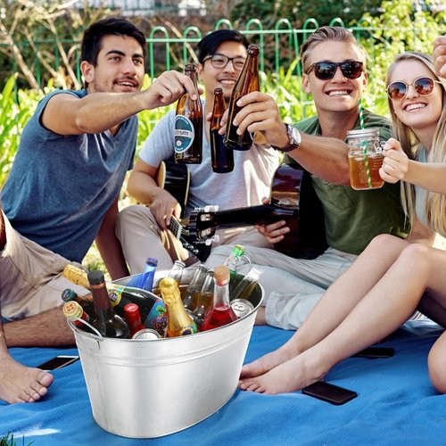 2 Pcs 6.3 Gallon Galvanized Beverage Tubs Large Drink Buckets for Parties Insulated Metal Ice Bucket with Handles Rustic Storage Container for Parties Beer Drinks, Silver