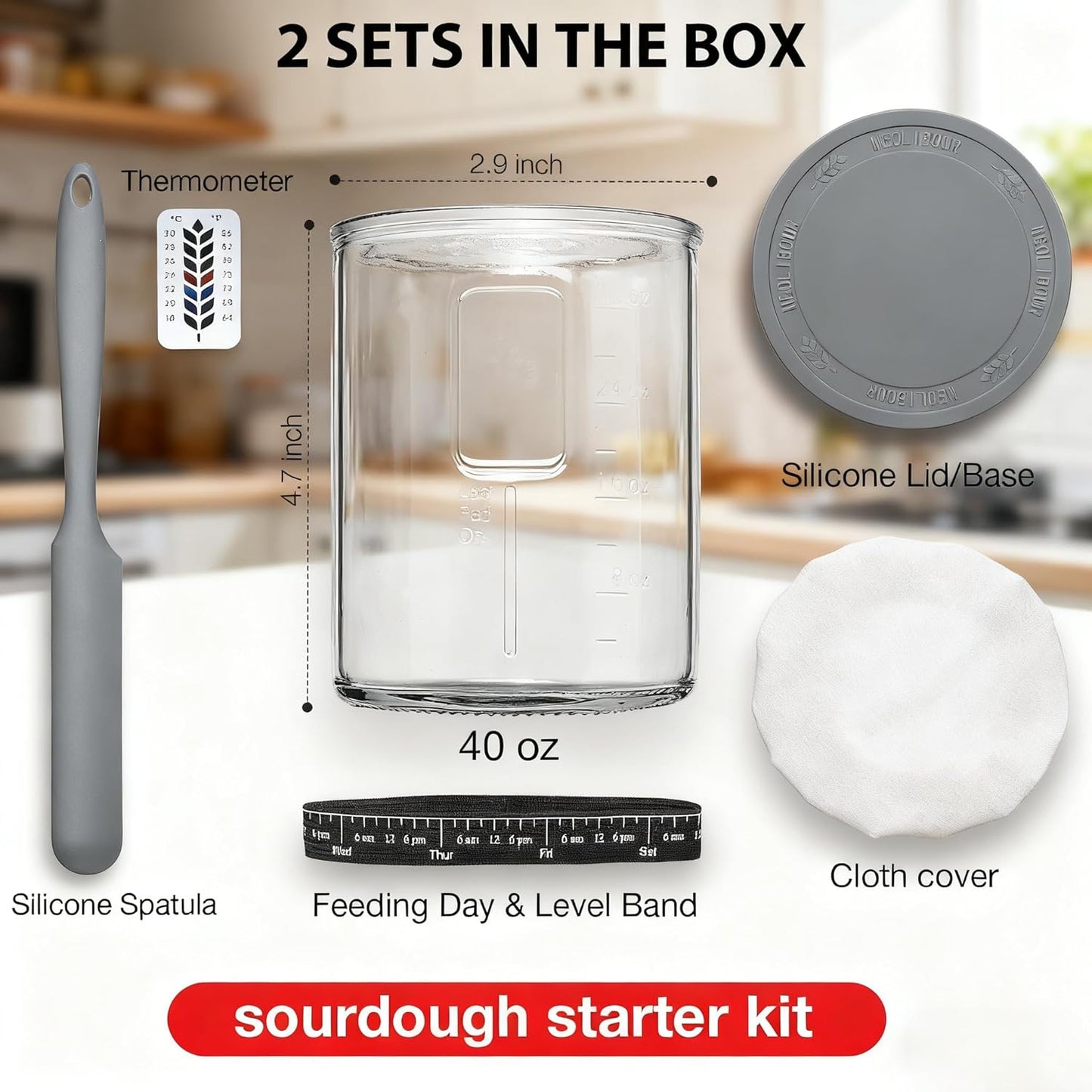 Skiennix Premium Pro Sourdough Starter Jar Kit - 40oz Wide Mouth Glass Container with Thermometer & Accessories
