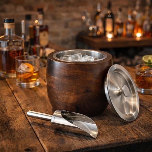 Iceberg 2.3 Quart Ice Bucket with Lid & Scoop – Mango Wood Ice Bucket with Stainless Steel Liner, Airtight Sealed Lid, Premium Barware for Cocktails & Entertaining