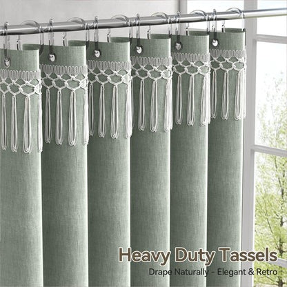 AmazerBath Green Shower Curtains for Bathroom, Boho Farmhouse Shower Curtain with Top Tassels, Sage Green Shower Curtain with 12 Hooks, Faux Linen Fabric Hotel Quality, 72x72 Inches