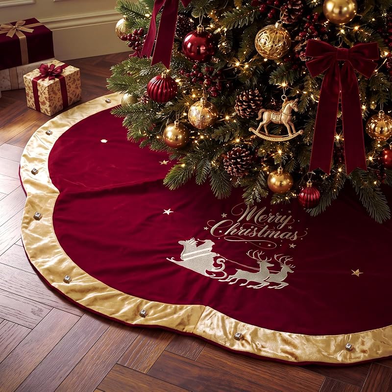 72 Inch Velvet Christmas Tree Skirt with Santa Reindeer Embroidery - Burgundy Vintage Scallop