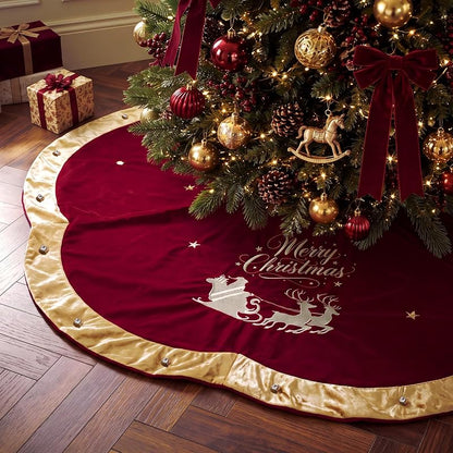 72 Inch Velvet Christmas Tree Skirt with Santa Reindeer Embroidery - Burgundy Vintage Scallop
