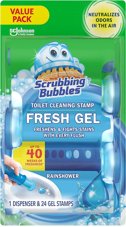 Scrubbing Bubbles Toilet Bowl Cleaning Gel Stamps - Prevents Limescale & Rings, Rainshower Scent, 24 Stamps