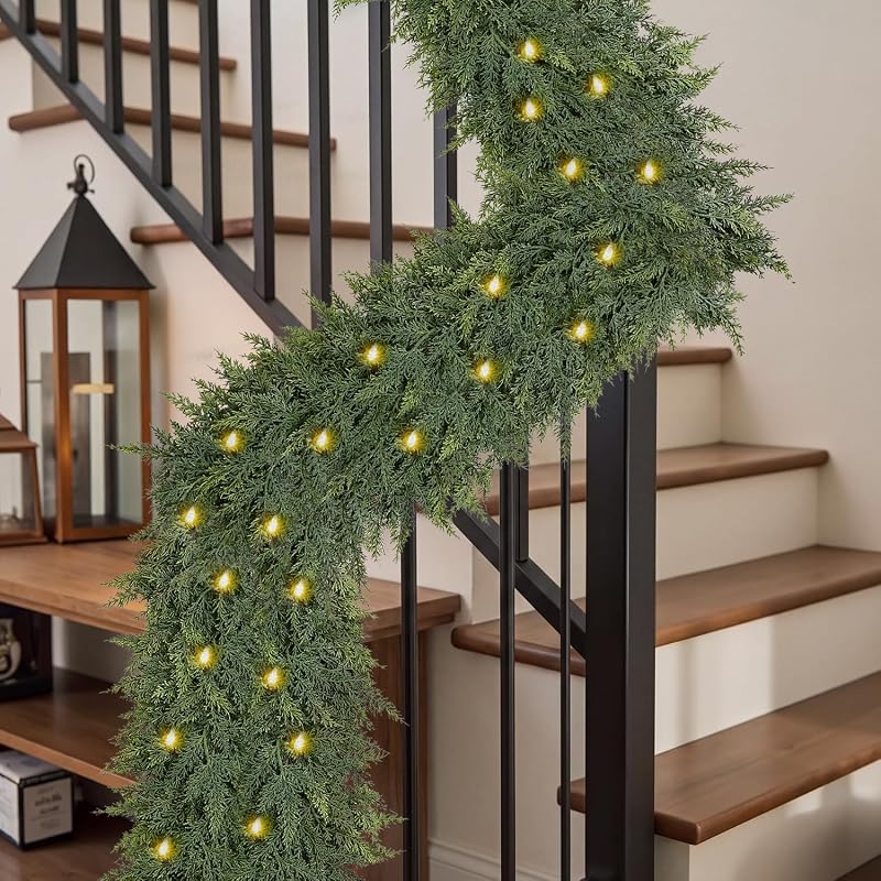 6FT 2PCS Extra Full Lighted Cedar Garland with LED Lights - 168 Branches, Realistic Two-Tone PE Foliage