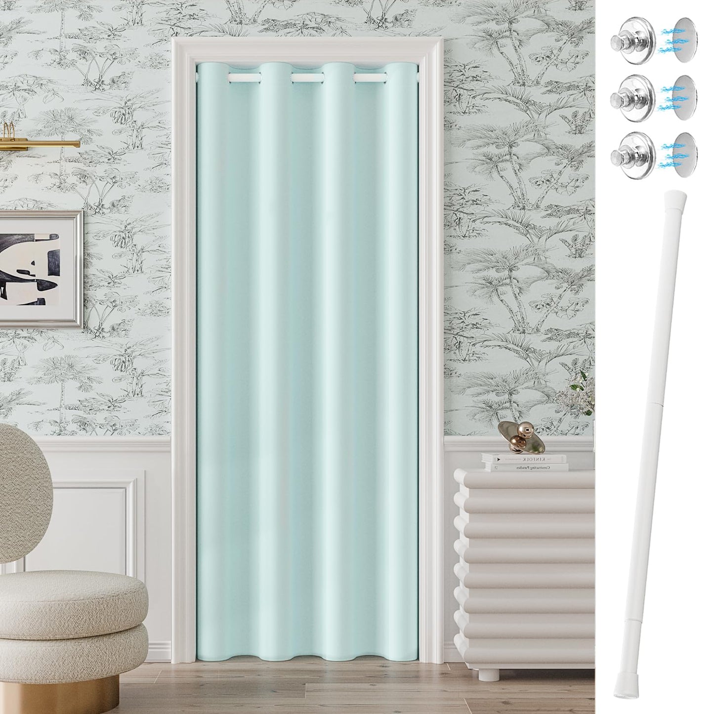 Vatge Closet Curtain for Open Closet, Blue Doorway Curtains with Rod and Magnetic Closure, 80 Inch Drape for Room Divider/Laundry Door/Kitchen Door, W42 x L80, 1 Panel, Aqua