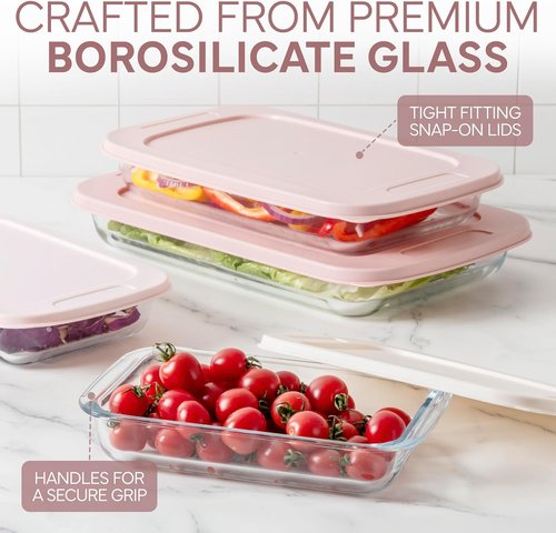 Cook With Color 8 Pc. Glass Baking Dish Set - Deep Casserole Dishes with Lids, Oven & Microwave Safe, Clear & Pink