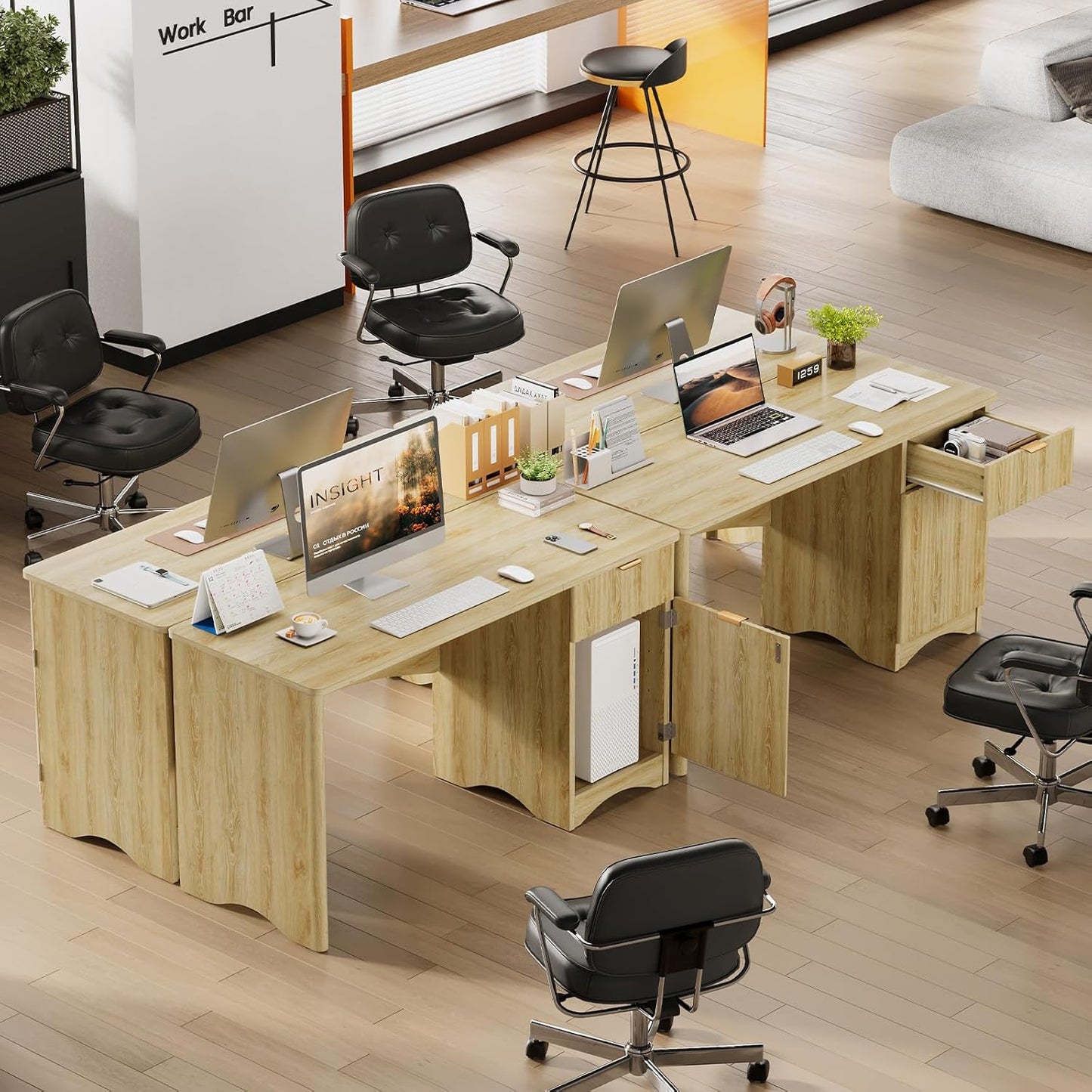 Bestier 47-Inch Fluted Computer Desk - Modern Wood Office Desk with Drawer & Storage Cabinet in Natural Oak