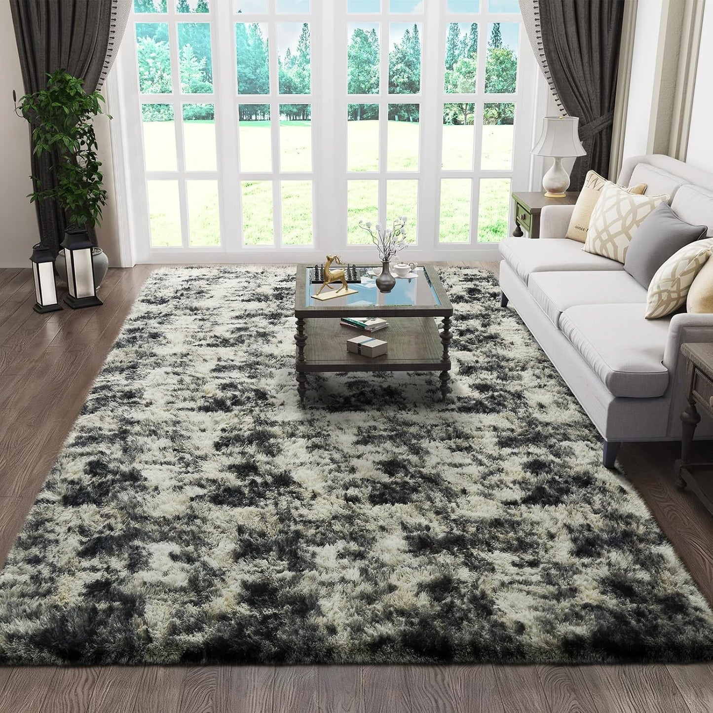 Ophanie Area Rug - Fluffy Black, Gold & Grey Shag Carpet for Living Room | 5x7 Soft Plush Design