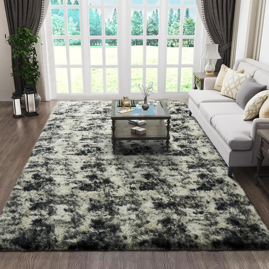 Ophanie Area Rug - Fluffy Black, Gold & Grey Shag Carpet for Living Room | 5x7 Soft Plush Design