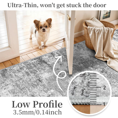 Washable 2x5 Hallway Runner Rug: Abstract Stain Resistant Kitchen Rug Ultra Soft Living Room Bedroom Entryway Carpet with Non-Slip Backing Indoor Low Pile Floor Mat for Bathroom Dining Room (2x5,Grey)