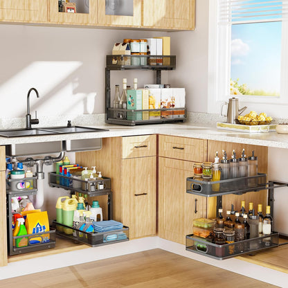 Under Sink Organizer - Adjustable 2-Tier Metal Storage Solution | Pull-Out Drawer for Kitchen & Bathroom (Black)