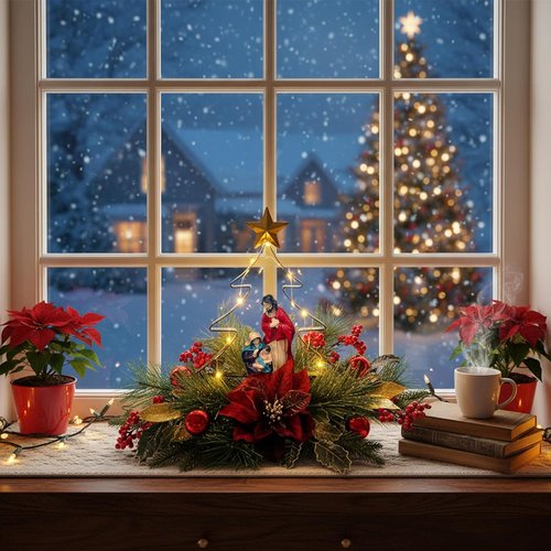 Eksen Nativity LED Christmas Tree Centerpiece - Holy Family Decoration with Warm Lights & Red Poinsettia Accents