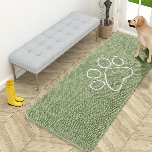 OLANLY Dog Door Mat for Muddy Paws 59x24, Paw Print Design, Absorbs Moisture and Dirt, Non-Slip Washable Doormat, Quick Dry Chenille Mud Mat for Dogs, Entry Indoor Entryway Carpet, Sage Green