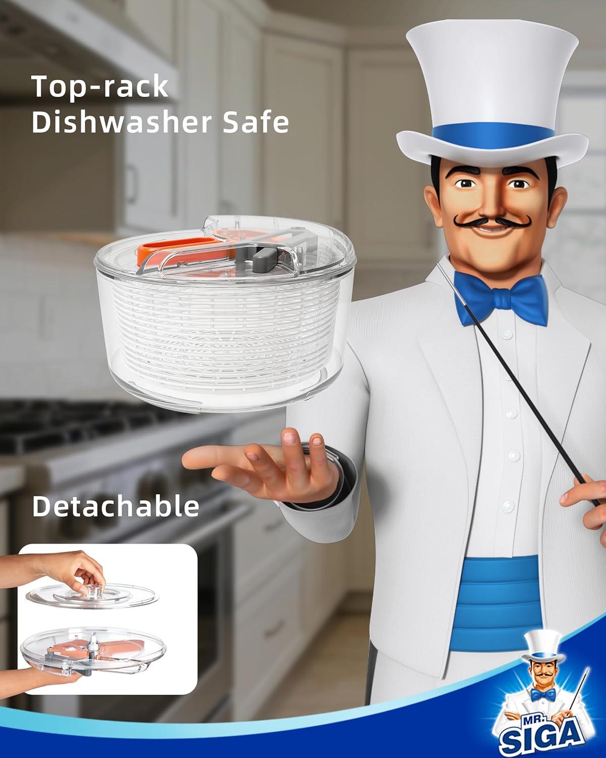 MR.SIGA Large Salad Spinner - Efficient Fruit Washing Bowl with Strainer for Greens & Vegetables