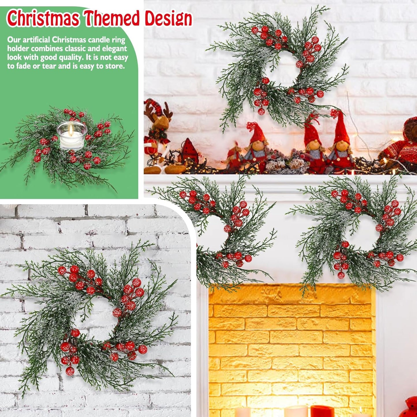 Regine Switzerland Christmas Candle Rings - 6 Pcs Artificial Wreaths with Red Berries & Snowy Pine for Festive Table Centerpieces
