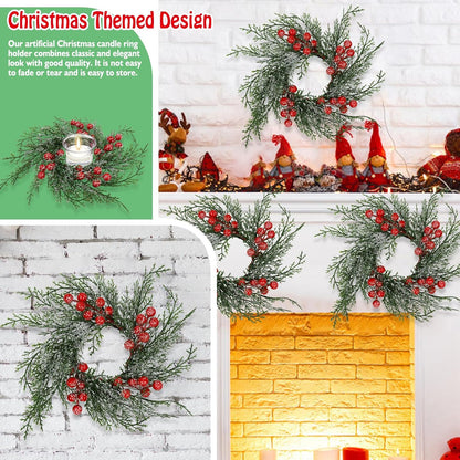 Regine Switzerland Christmas Candle Rings - 6 Pcs Artificial Wreaths with Red Berries & Snowy Pine for Festive Table Centerpieces