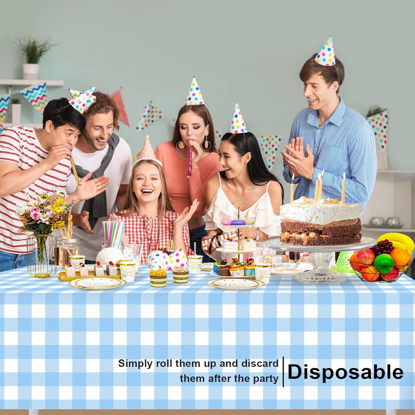 Skiennix Blue Checkered Tablecloth - 6 Pack Waterproof Disposable Plastic | 54 x 108 Inch for Parties & Picnics