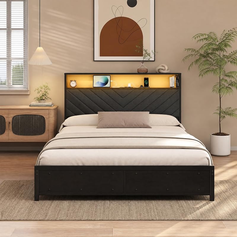 Full Size Bed Frame with Headboard, LED Light & Charging Station – Black (Variation: Black+Full)