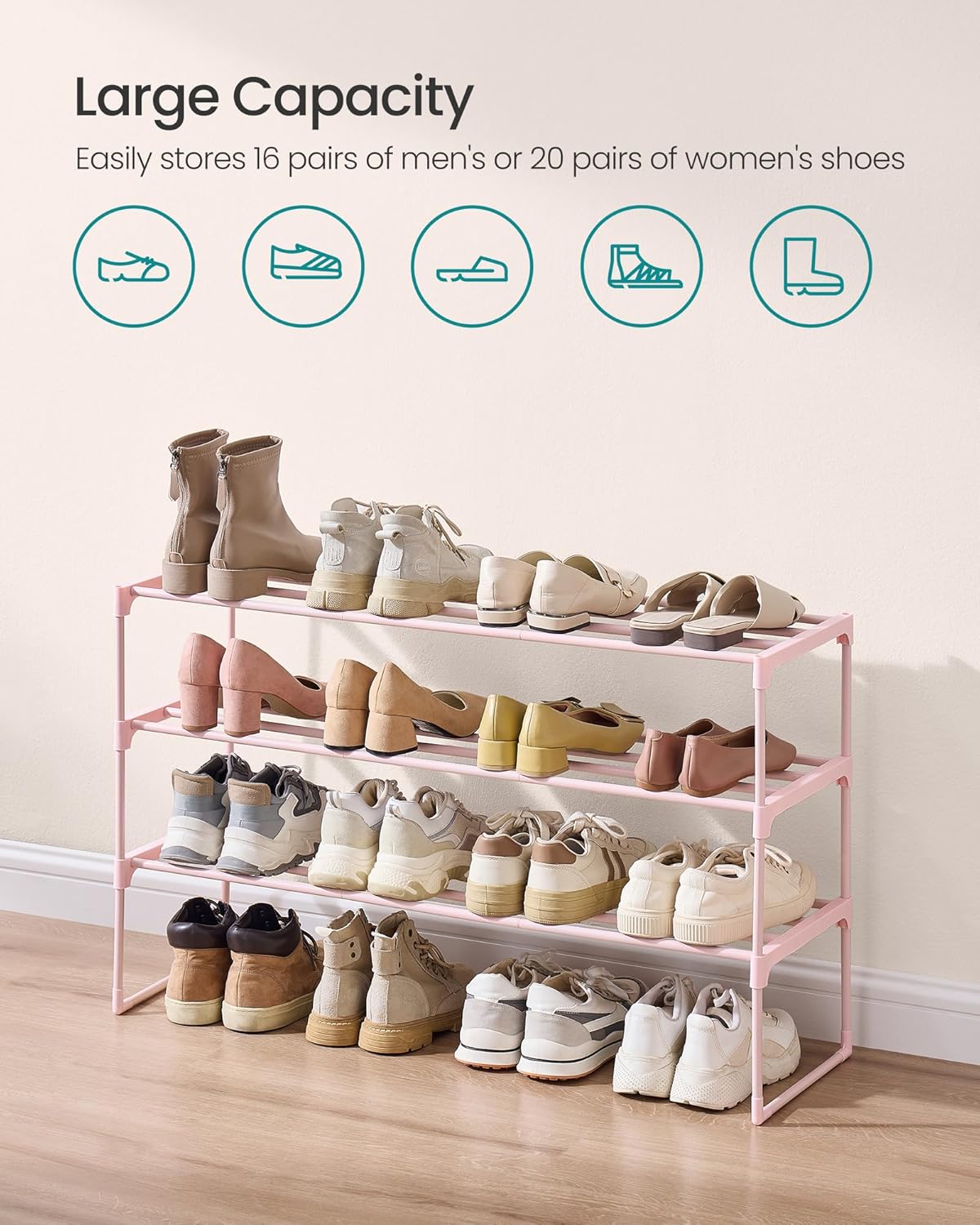 SONGMICS 3-Tier Shoe Rack - Stackable Metal Organizer for 16-20 Pairs | Jelly Pink, 11.8 x 36.2 x 21.7 Inches