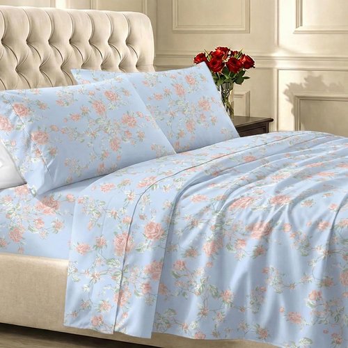 California Design Den King Size Bed Sheets Set - 400 TC Award-Winning Soft Cotton, Smooth Sateen Finish, Deep Pockets - Floral Blue/Pink