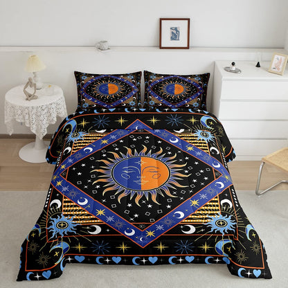 Erosebridal Boho Sun Moon Comforter Bohemian Hippie Bedding Glitter Stars Galaxy Bedding Sets & Collections Trippy Cosmos Celestial Down Comforter Queen Size,Geometric Striped Decor Bed Set Black Blue