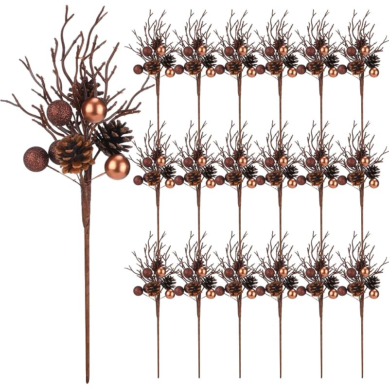 18 Pack Christmas Pinecone Picks - 14.5 Inch Rustic Bronze & Brown Branches (Variation 18)